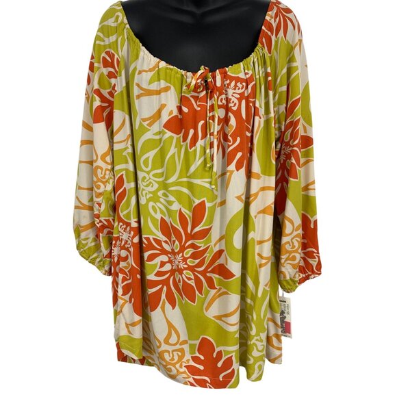 Strawberry Guava RJC XXXL 3XL Aloha Hawaiian Tunic Green Floral 3/4 Keyhole New - Picture 1 of 8